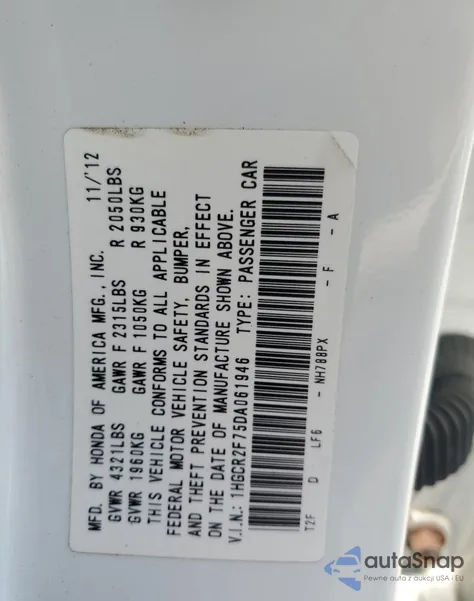 2013 Honda Accord Ex z USA, uszkodzony, nr VIN 1HGCR2F75DA061946